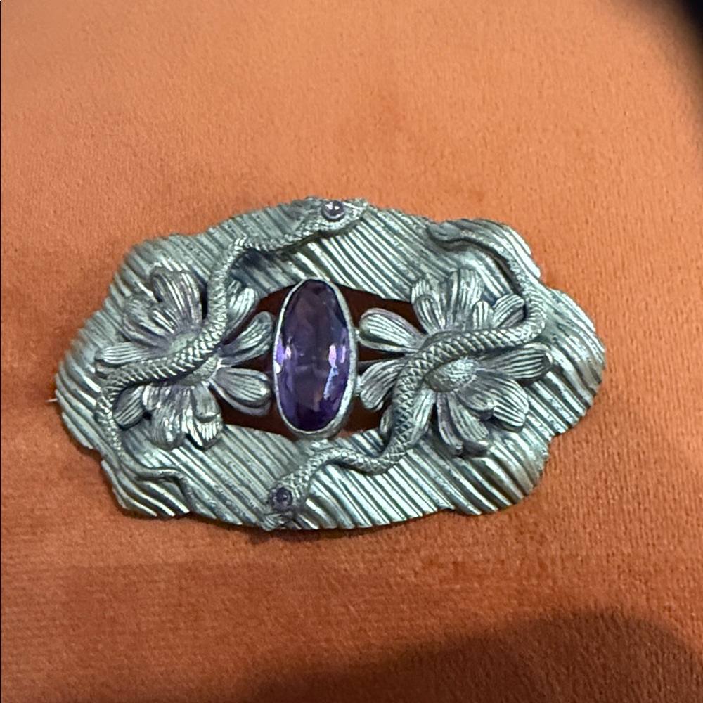 Art Nouveau snake Sash Pin Jewel Cabochan Gold Brooch with Purple Gemstone 31/4”